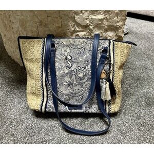 SAKROOTS Blue Floral Paisley Straw Carryall Tote Lined‎ Purse Pockets Key Chain